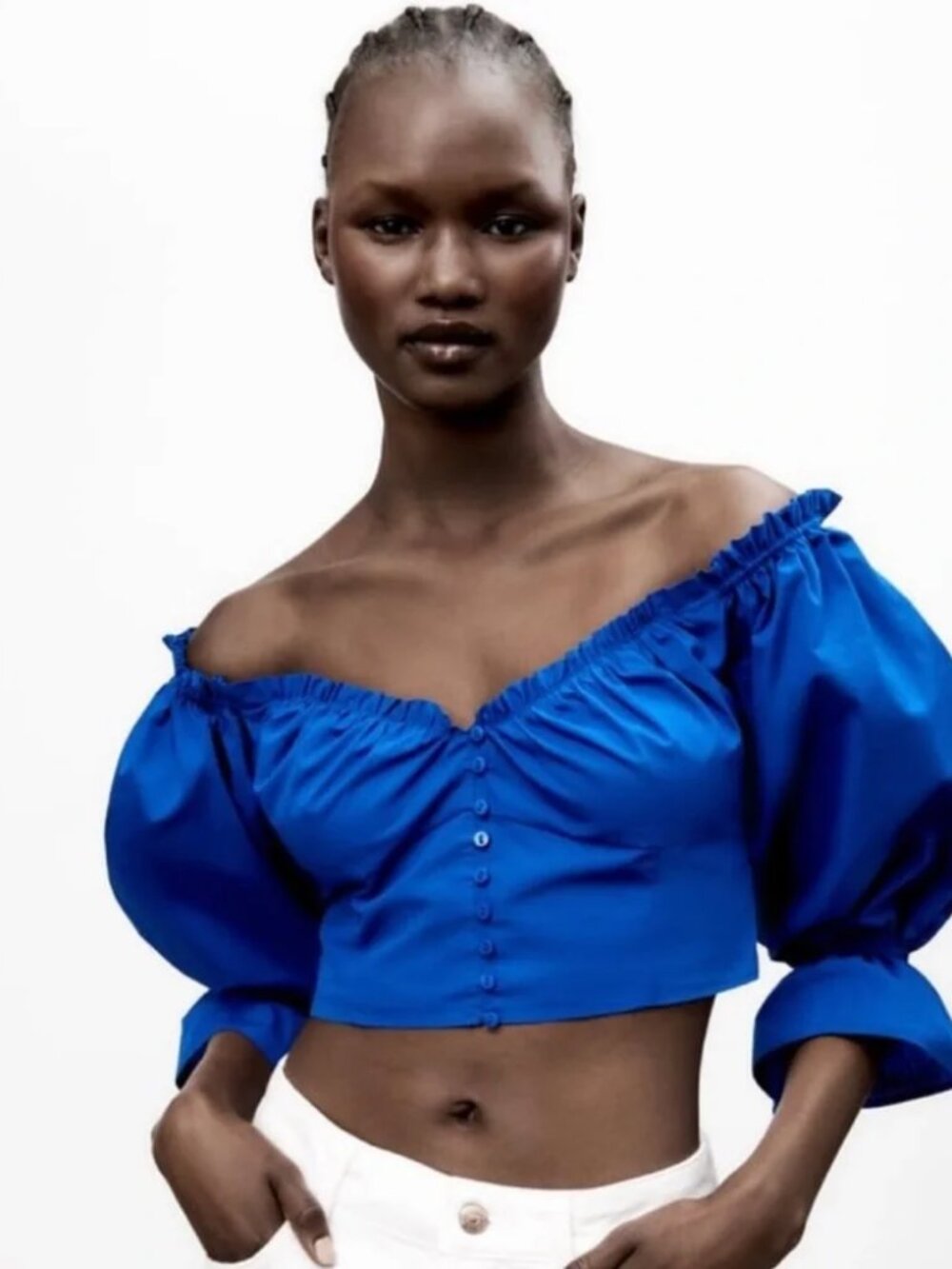 Zara Royal Blue Poplin Off Shoulder Crop Top